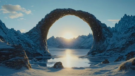 Snowy mountain landscape with a stunning arch formation and a rising sun reflecting on the water serene nature concept.の写真素材