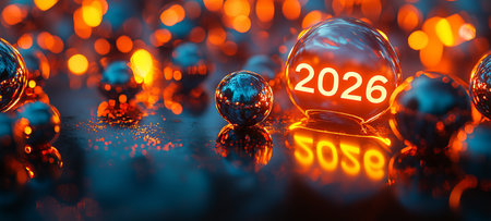 Glowing orbs with the year 2026 illuminated among sparkling lights creating a festive New Year atmosphere for celebration concept, Banner.の写真素材