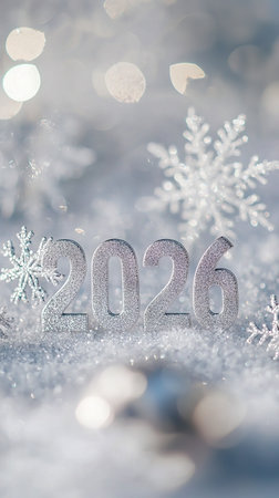 New Year celebration 2026 with snowflakes and sparkling decorations creating a festive atmosphere winter holiday concept. Vertical.の写真素材