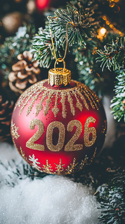 Red Christmas ornament with 2026 design hanging on a tree surrounded by pine branches and snow...