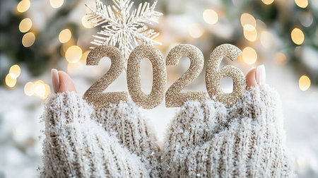 Hands holding sparkling 2026 numbers with snowflakes in winter setting, celebrating New Year and winter holiday season concept.の写真素材