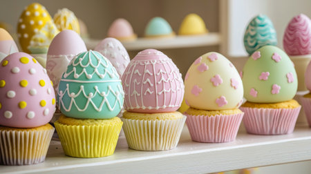 Colorful handmade cupcakes shaped like Easter eggs with pastel icing and decorations. Concept of...