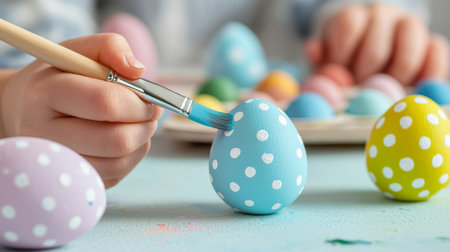 Colorful Easter eggs being painted by a child with a brush on a light blue table, showcasing...