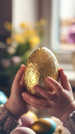 Child holding large chocolate Easter egg wrapped in shiny golden foil in festive spring setting. Concept of Easter gift, holiday sweets, childhood celebration, seasonal tradition.の写真素材