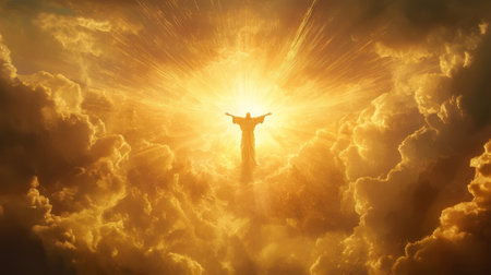 Heavenly divine figure surrounded by radiant golden light and clouds in the sky. Concept of Jesus Christ, Easter resurrection, Christian faith, spiritual enlightenment.の写真素材