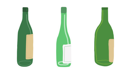Set of Minimalist Glass Empty Green Wine Bottles. Beer Bottles isolated on white background. Concept of Packaging, Alcohol Beverage Icon, Minimalist Design, Elegant Drink, Graphic Element for Print.のイラスト素材