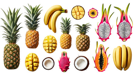 Tropical fruits PNG set with pineapple, banana, mango, dragon fruit, coconut and papaya isolated on transparent background. Concept of exotic food, summer vibes, healthy nutrition, clipart for design.の写真素材