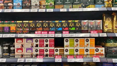 Dnipro, Ukraine - April 09, 2025: Variety of coffee products on supermarket shelves. concept of...