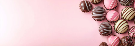 Assorted chocolate candies on pink background for valentine's day celebration. concept of romance,...
