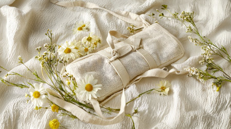Eco-friendly belt bag made from recycled plastic amidst natural floral decor. concept of sustainable fashion, eco-conscious accessories, green lifestyle, nature-inspired design.の写真素材