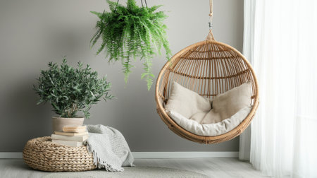 Cozy eco-friendly reading nook with hanging rattan chair and greenery. concept of sustainable home...