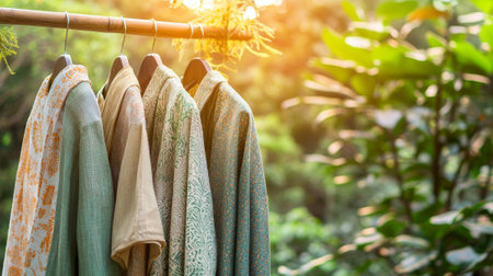 Eco-friendly clothing with natural patterns in beige tones on hangers in sunlit nature. concept of sustainable fashion, organic textiles, environmentally conscious lifestyle, nature-inspired design.の写真素材