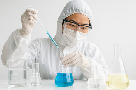Asian scientist conducting experiment in laboratory. concept of scientific research, chemistry...