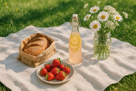 Spring picnic, fresh strawberries, lemonade, and bread on a sunny meadow. concept of outdoor gatherings, nature enjoyment, seasonal treats.の写真素材