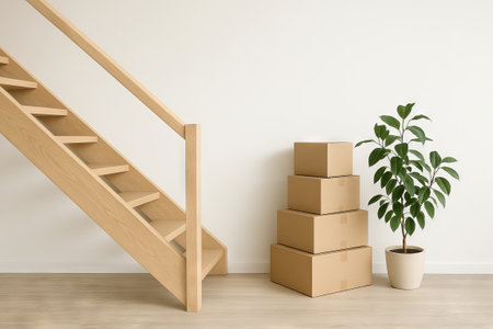 Cardboard boxes stacked under wooden staircase in bright minimalist interior with houseplant....
