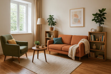 Cozy psychotherapist's office with warm decor and comfortable seating area. concept of therapeutic environment, relaxation, soothing atmosphere, interior.の写真素材