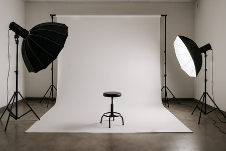 Professional photography studio setup with soft lighting and stool. concept of creative space,...