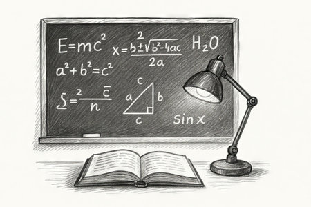 Open Book and Lamp on Desk with Black Chalkboard Featuring Mathematical Formulas and Geometry Diagrams. Concept of Education, Science Study, Knowledge, Classroom. Illustration on white background.の写真素材