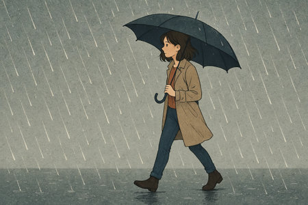 Caucasian woman walking in heavy rain holding umbrella with determined expression during cloudy day. Concept of perseverance, rainy weather, solitude, introspection.の写真素材