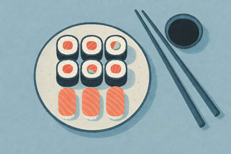 Illustration of Sushi on a Table with Chopsticks and Soy Sauce, Capturing Simple Japanese Cuisine and Artistic Elements.の写真素材