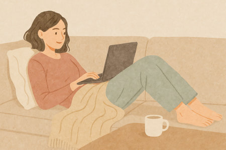 Asian Woman Relaxing at Home with Laptop and Coffee on Cozy Couch. Concept of Home Comfort, Relaxation, Online Communication, Modern Lifestyle.の写真素材