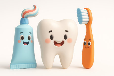 Cute Illustration of Smiling Tooth, Toothpaste, and Toothbrush for Dental Care and Hygiene Concepts. Isolated on white background.の写真素材