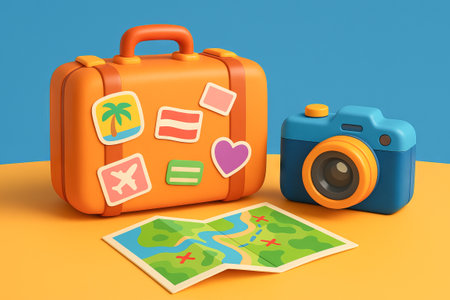 Colorful travel-themed 3D illustration with orange suitcase covered in stickers, blue camera and map...