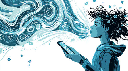 Creative woman exploring artistic digital world on smartphone. concept of technology, innovation,...