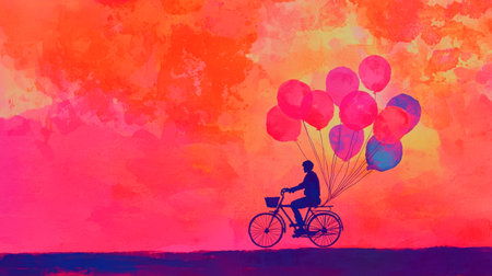 Silhouette of man riding bicycle with colorful balloons at sunset. concept of freedom, adventure, artistic exploration, and vibrant journeys.の写真素材