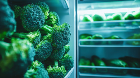Fresh broccoli organized in fridge alongside green vegetables. concept of healthy eating, nutrition, meal prep, fresh produce, refrigerator.の写真素材