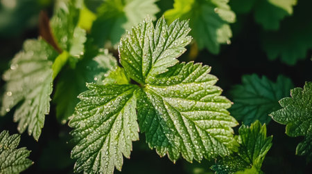 Close-up of morning dew drops on vibrant green leaves highlighting earth day and nature's beauty....