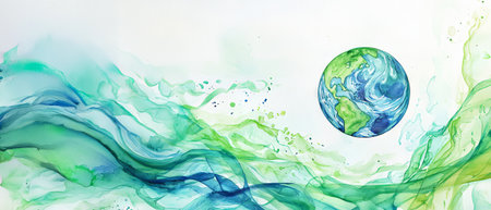 Watercolor of planet Earth surrounded by green and blue abstract waves on white background. environmental care, Earth Day celebration, global sustainability, eco, natural harmony, banner, copy space.の写真素材