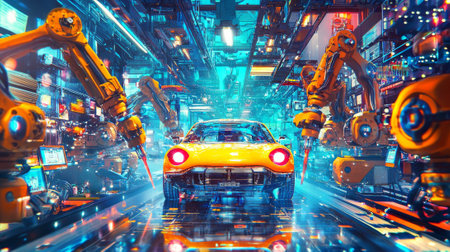 Futuristic car manufacturing assembly line with robotic arms working on high-tech electric sports car in neon lit factory. automation, advanced technology, artificial intelligence, automotive industry.の写真素材