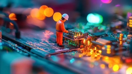 Miniature figure of an engineer on circuit board in vibrant light. concept of microengineering,...