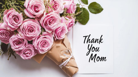 Elegant bouquet of pink roses wrapped in kraft paper with heartfelt Thank You Mom card. concept of mother's day celebration, floral beauty, heartfelt gratitude, loving gesture, greeting card.の写真素材