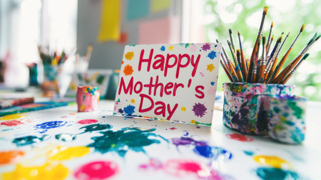 Bright workspace celebrating mothers day with childrens paints and art supplies. concept of creativity, family bonding, celebratory atmosphere, holiday crafting, Happy Mother's Day greeting card.の写真素材