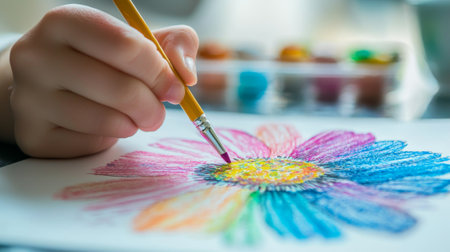 Child painting colorful flower with brush on white paper. Concept of creativity, kids art, handmade...