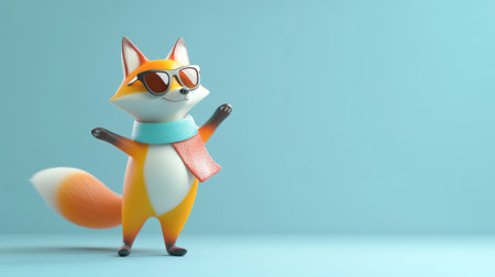 Cute fox with sunglasses and scarf dancing happily. concept of fun, playful pet, stylish dress-up, funny animal, humor, meme. Copy space.の写真素材
