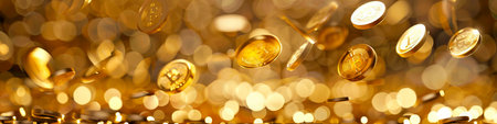 Golden Bitcoin Coins Cascading in the Air Against a Blurred Background. Concept of Cryptocurrency...