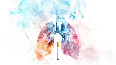 Watercolor Illustration of Human Lungs Surrounded by Cigarette Smoke, Emphasizing Health Risks,...