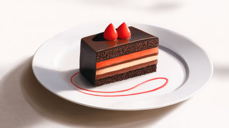 Exquisite fine dining dessert: watercolor illustration of a chocolate layer cake on elegant white...
