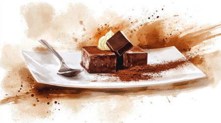 Elegant watercolor illustration of fine dining dessert with chocolate and cream delicacy on artistic...