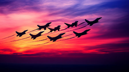 Fighter jets flying in formation against dramatic sunset sky. concept of military precision, aviation excellence, aerial maneuvers.の写真素材
