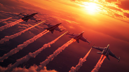 Spectacular fighter jets flying in formation at sunset. concept of aerial precision, military power,...