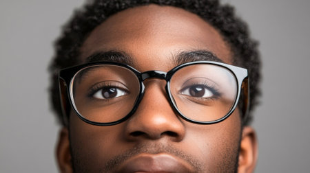 Close-up of young african american man with focused gaze and glasses. concept of introspection,...