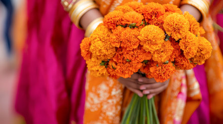 Indian Wedding Celebration with Guest Holding a Vibrant Orange Marigold Bouquet. Concept of Traditional Festivities, Cultural Heritage, Joyful Occasion, Blooming Flowers.の写真素材