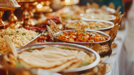 Traditional Indian wedding buffet with golden serving dishes filled with paneer, naan, rice and festive cuisine. Concept of cultural celebration, wedding feast, Indian food, festive hospitality.の写真素材