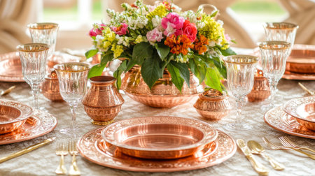 Traditional Indian wedding table setting with copper thalis, floral centerpiece and ornate glassware in natural light. Concept of elegant dining decor, cultural celebration, festive feast.の写真素材