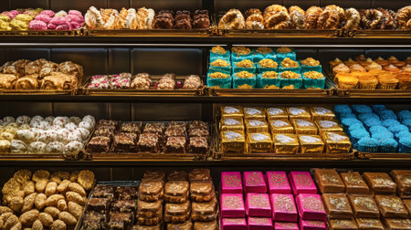 Colorful Indian wedding sweets on display shelf with gold-wrapped chocolates and vibrant mithai. Concept of festive dessert, traditional celebration, cultural treats, luxury candy presentation.の写真素材