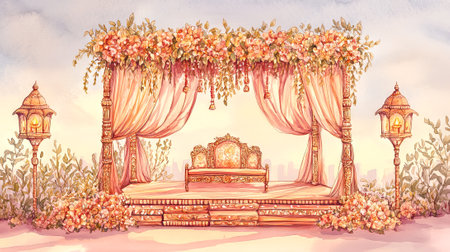 Vibrant indian wedding scene in watercolor illustration with elegant floral decor and ornate canopy. concept of cultural celebration, artistic expression, traditional festivities.の写真素材